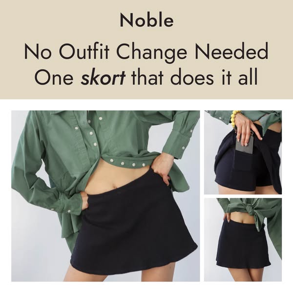 This ad promotes a skort that can be used without needing to change outfits. The ad includes multiple photos of a woman 