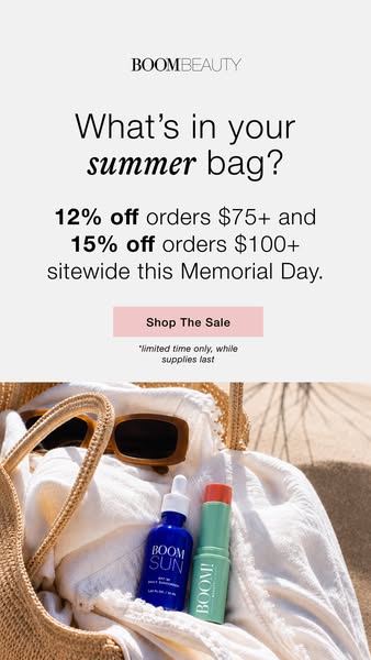 This image ad by BOOM! Beauty promotes a sitewide Memorial Day sale, offering 12% off orders of $75 or more and 15% off 