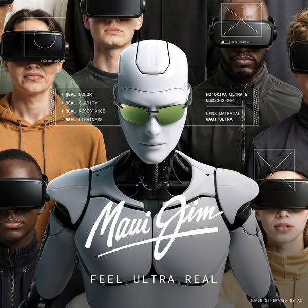 Maui Jim ad showcasing the clarity, color, resistance, and lightness of its sunglasses lenses. The ad features a robotic