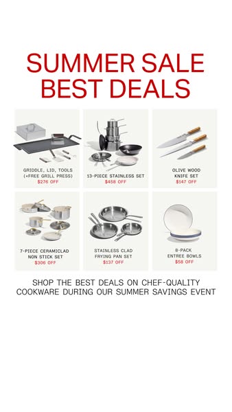 This ad promotes a summer sale on chef-quality cookware, showcasing six different sets of cookware with the amount disco