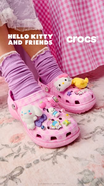This ad showcases the new Crocs x Hello Kitty and Friends collaboration, highlighting the unique designs and Jibbitz cha
