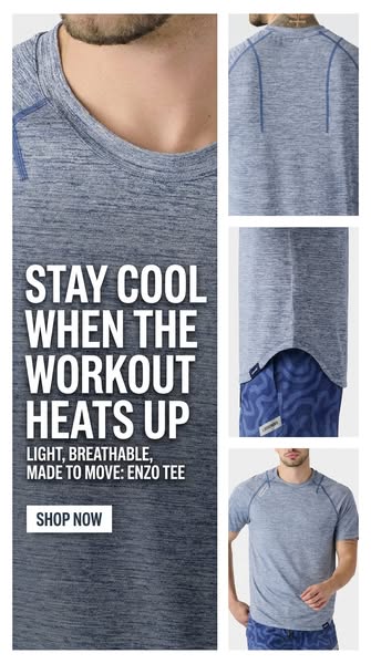 This ad promotes the Enzo Tee, highlighting its cool, breathable, and flexible features for workouts. It uses a modern l