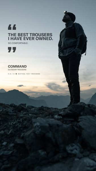 This image ad features a man wearing a brand's trousers while standing on a mountain and looking up towards the sky.