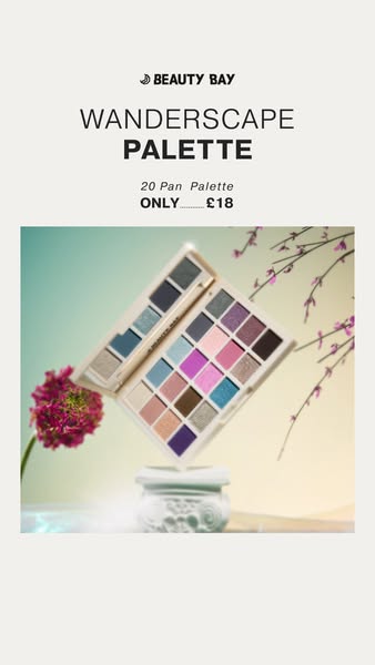 This ad for the Beauty Bay Wonderscape Palette features a single product shot of the palette floating above a decorative