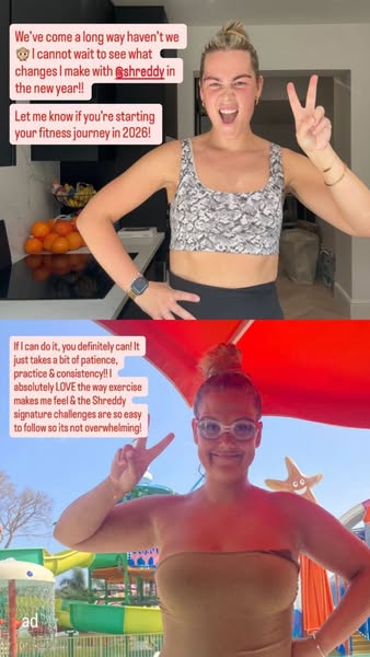 This ad uses a split-screen format to show a woman's fitness journey. The top half shows her in a kitchen setting, w