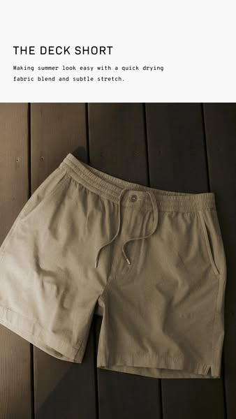 This ad showcases the deck shorts and promotes them as a summer wardrobe staple due to their quick-drying fabric and sub