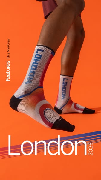 The ad features the Feetus Elite Mini Crew sock, highlighting its design and association with the 2026 London games. The