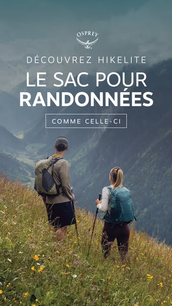 Ad for Osprey Hikelite backpacks, showing two people hiking while wearing the packs.