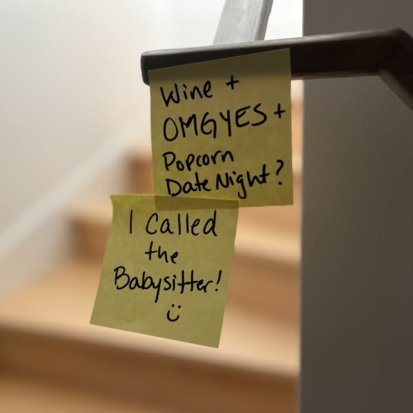 The image ad features two sticky notes with handwritten text, suggesting a date night involving wine, popcorn, and a bab