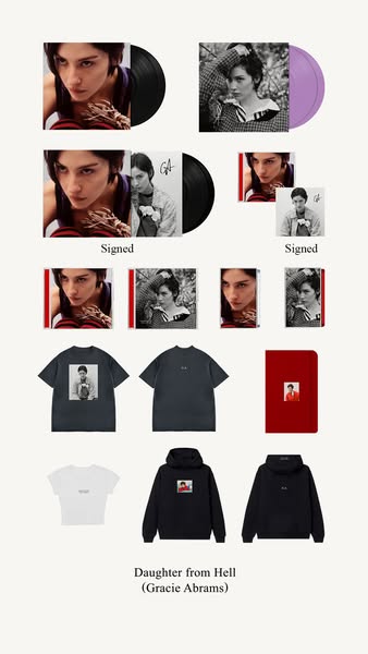 This ad showcases various pieces of Gracie Abrams merchandise for her album 'Daughter from Hell'.