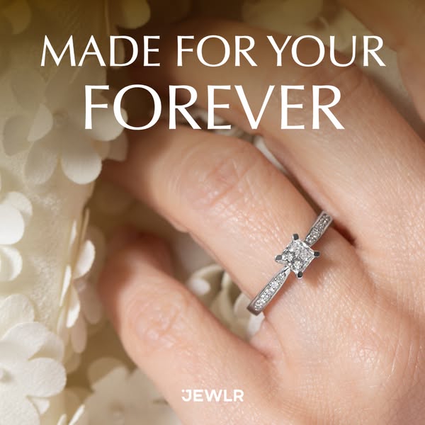 This image ad showcases a princess cut diamond engagement ring on a delicate hand with the headline "MADE FOR YOUR 