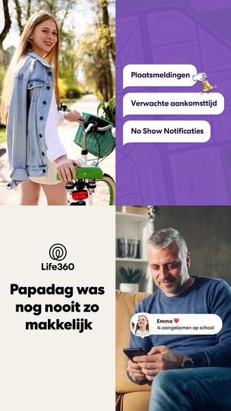 This ad for Life360 utilizes a split-screen format to showcase the app's features and benefits. On one side, it show