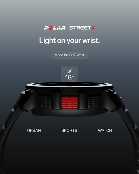 This image ad showcases the Polar Street X watch and highlights its lightweight design and suitability for urban, sports