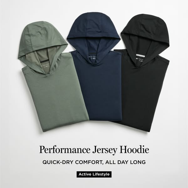 This image ad features three performance jersey hoodies, each in a different color. The ad highlights the hoodies' q