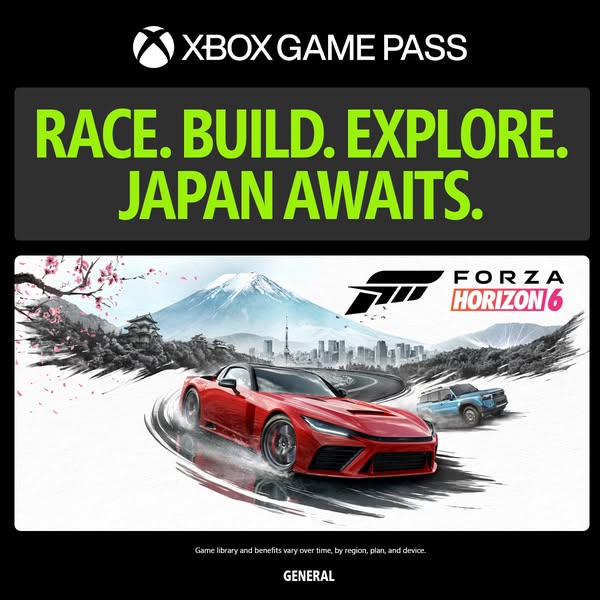 This ad promotes the video game Forza Horizon 6 and the Xbox Game Pass. The ad features two vehicles in a Japanese lands