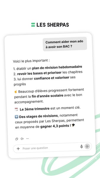 This ad features a screenshot of what appears to be a chatbot for an educational service called Les Sherpas. The text in