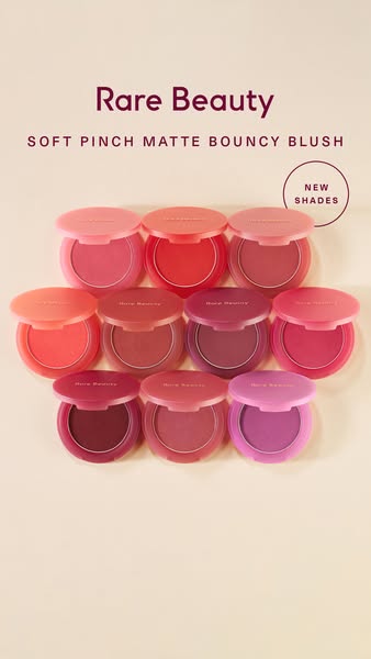 A static product image showcasing the Rare Beauty Soft Pinch Matte Bouncy Blush, highlighting new shades. The blushes ar