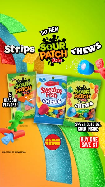 This image ad showcases Sour Patch Kids and Swedish Fish candy chews, emphasizing the sour-then-sweet experience and pro