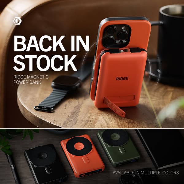 This image ad showcases the Ridge Magnetic Power Bank, emphasizing its return to stock and availability in multiple colo