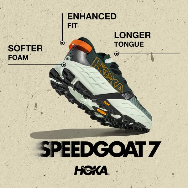 This ad showcases HOKA's Speedgoat 7 trail running shoe, highlighting its key features like softer foam, enhanced fi
