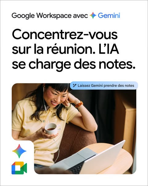 The ad promotes Google Workspace with Gemini, highlighting its ability to take notes during meetings, allowing users to 