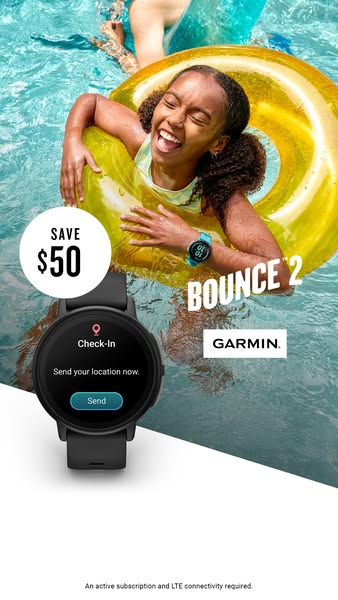 This ad showcases the Garmin Bounce 2 smartwatch for kids, highlighting its check-in feature. The ad promotes a sale and