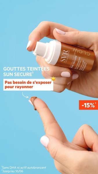An ad for Sun Secure tinted sunscreen drops, demonstrated by a woman applying the drops to her finger and touting that y