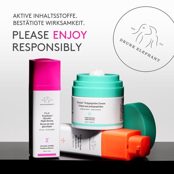 This ad promotes Drunk Elephant's skincare line with a focus on active ingredients and visible results. It emphasize