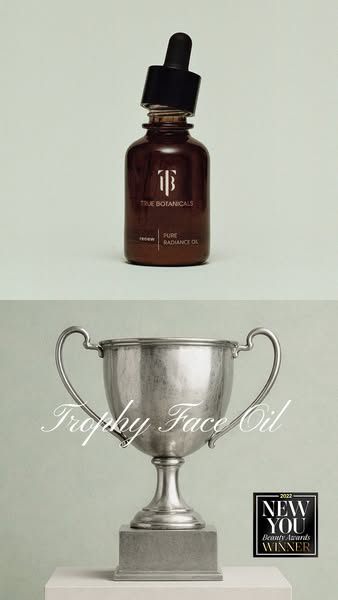 This ad showcases True Botanicals' Pure Radiance Oil, which has won a New You Beauty Award. The oil is presented in