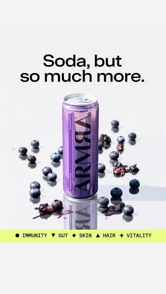 The ad features a single can of ARMA Blackberry Coconut Soda surrounded by fresh blueberries. Text overlay promotes the 