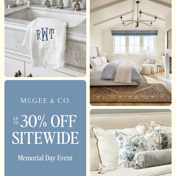 This image ad for McGee & Co. promotes a Memorial Day Event with up to 30% off sitewide. The ad features a serene an