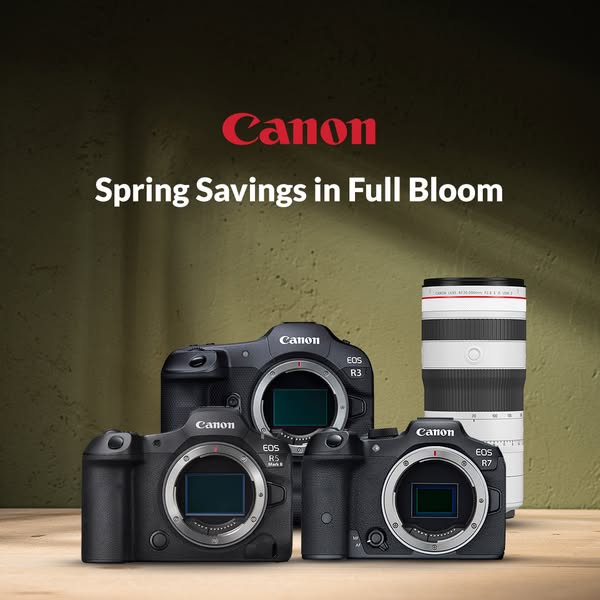 This ad promotes Canon cameras and lenses while announcing spring savings.
