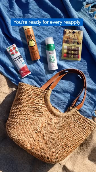 This ad features a range of Sun Bum products, alongside a tube of That's It brand fruit bar, arranged on a light blu