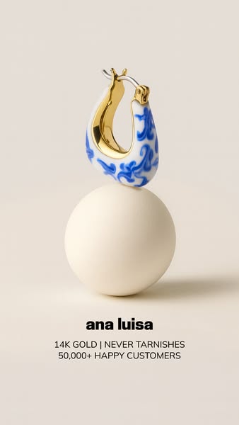 This image ad features a close up of a single Ana Luisa earring balanced on top of a sphere, with ad copy highlighting t