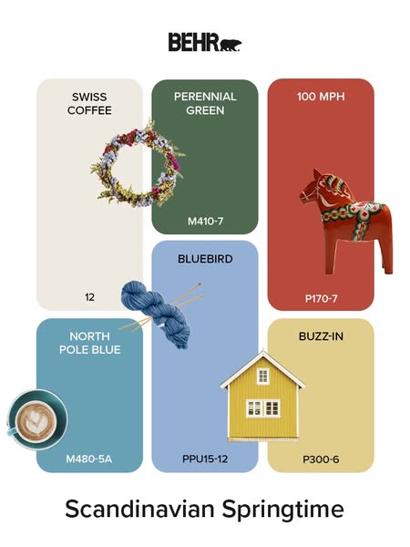 This ad by BEHR paints promotes their colors for a Scandinavian-inspired spring season. It features six different BEHR p