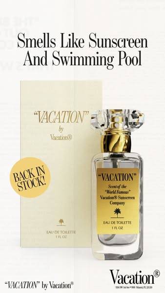 This image ad for Vacation® perfume highlights the unique scent of sunscreen and swimming pools, presented in retro-insp