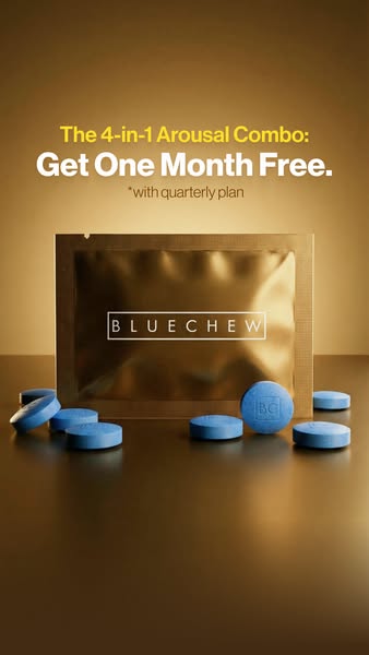 This image ad for BlueChew promotes a '4-in-1 Arousal Combo' with an offer of one month free with a quarterly pl