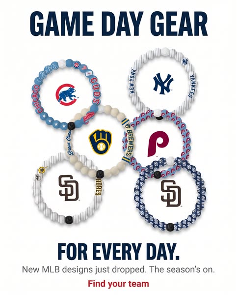 The ad features a collection of MLB team-themed Lokai bracelets, aiming to promote them as game day gear that can be wor