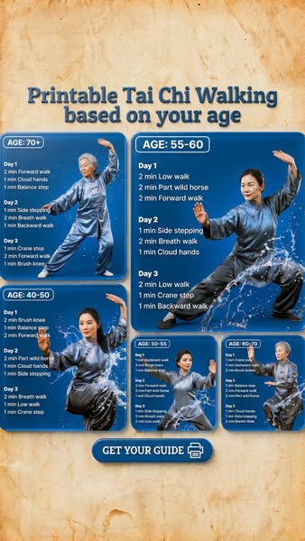 This ad promotes a printable Tai Chi walking guide based on the user's age. The ad features visual examples of Tai C