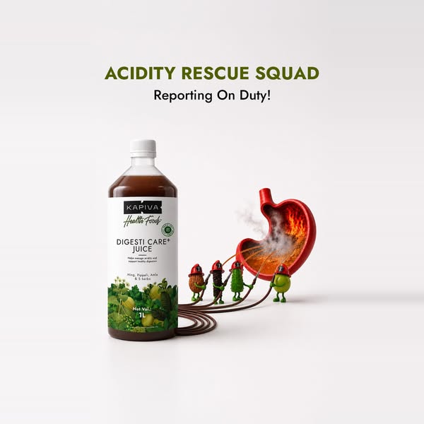 This image ad depicts a bottle of Kapiva Health Foods DIGESTI CARE+ Juice that helps to manage acidity and support healt
