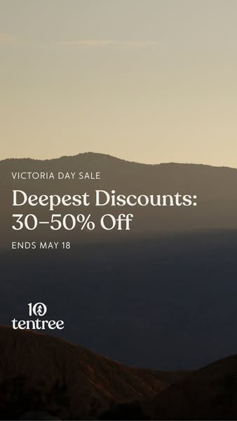 This image ad for tentree promotes the deepest discounts, from 30-50% off, during the Victoria Day sale, ending May 18.