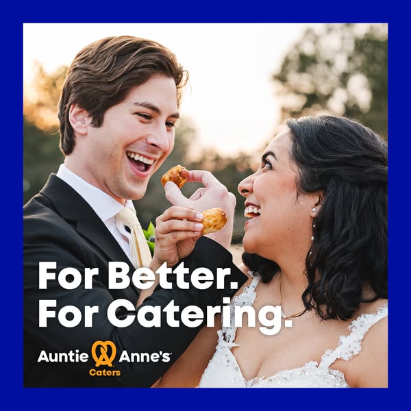 This ad for Auntie Anne's promotes their catering services, showing a happy couple sharing pretzel bites at their we
