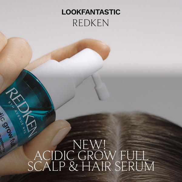 An image ad from LOOKFANTASTIC featuring Redken Acidic Grow Full Scalp & Hair Serum.