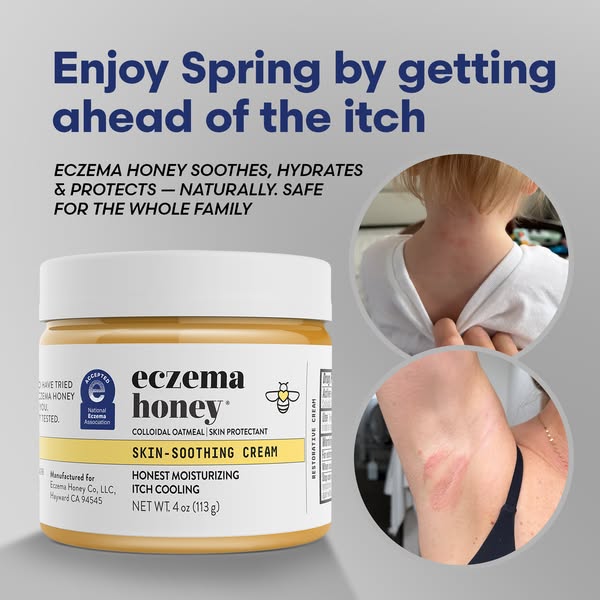 The ad features a close-up of Eczema Honey Skin-Soothing Cream, emphasizing its natural, family-safe formulation for soo