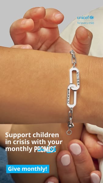This ad for UNICEF promotes its monthly giving program through a close-up image of a bracelet with the UNICEF logo. The 
