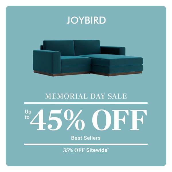This ad promotes Joybird's Memorial Day Sale, offering up to 45% off on best sellers and 35% off sitewide. It featur