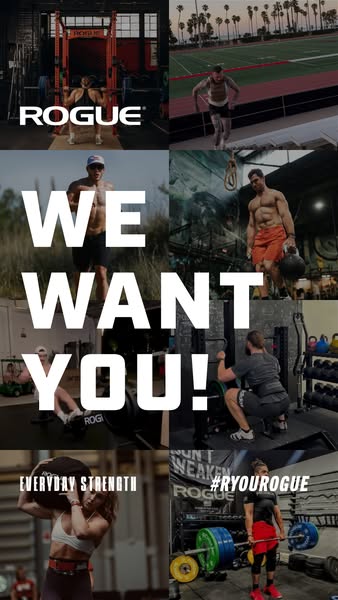 This image ad for Rogue Fitness uses a collage-style grid layout, set in various locations with athletes working out. Th