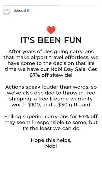 The ad announces a Nobl Day Sale with 67% off sitewide, free shipping, a free lifetime warranty worth $100, and a $50 gi