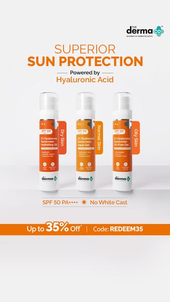 This ad showcases three sunscreen products from The Derma Co, each formulated for different skin types: dry, normal, and
