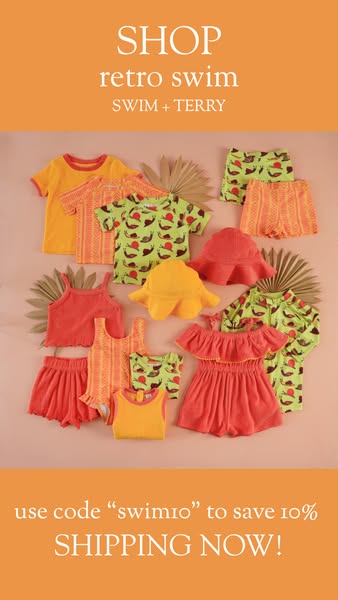 This ad showcases children's swimwear and terry clothing. It features a variety of colorful outfits laid out against